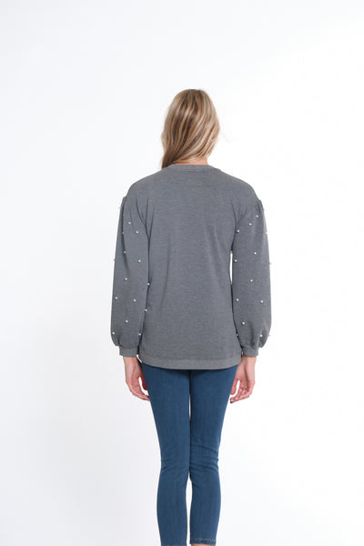 Cuffed Long Sleeve Crew Neck Top w/ Pearl Embellishment - Dark Platinum