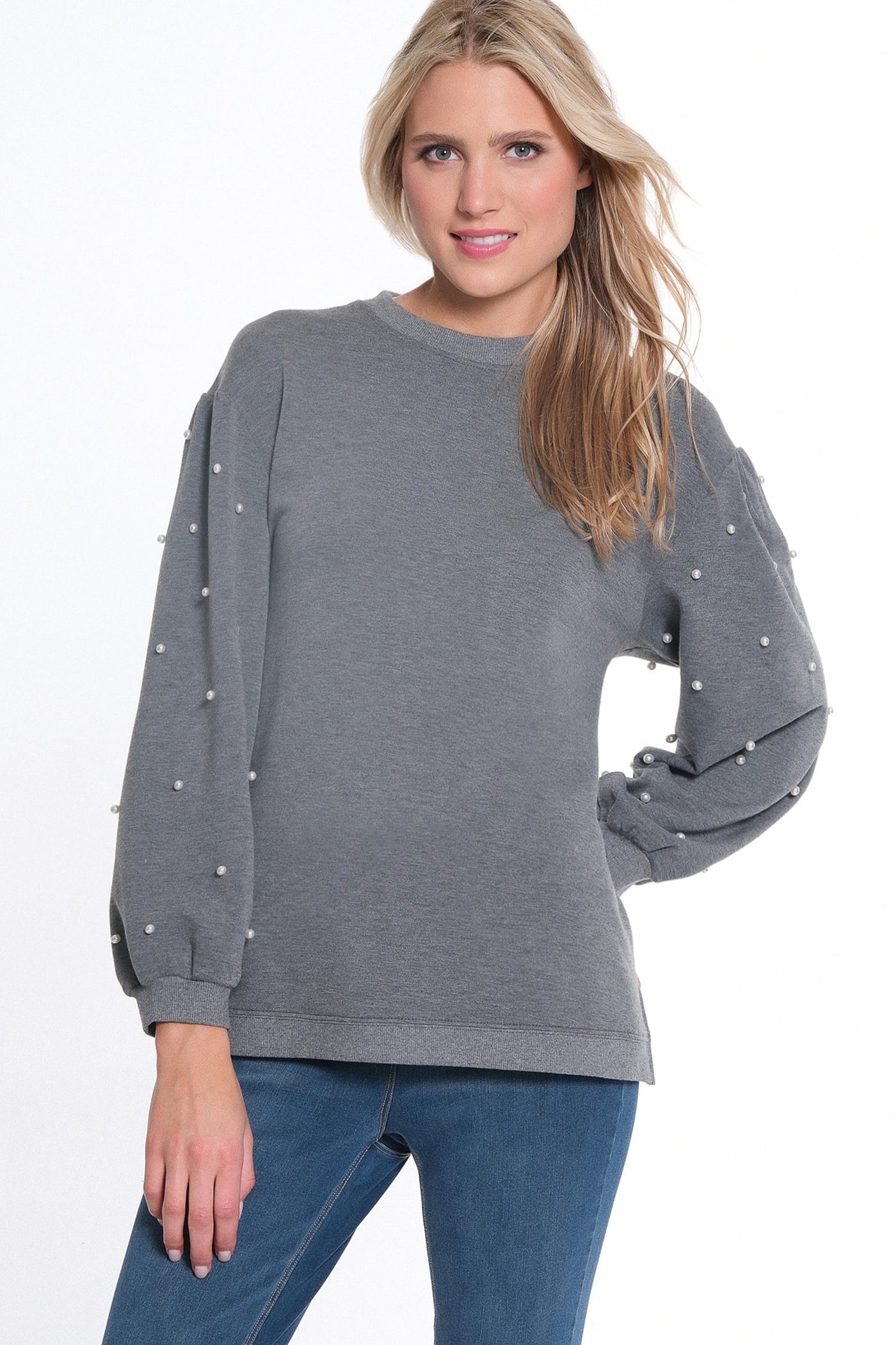 Cuffed Long Sleeve Crew Neck Top w/ Pearl Embellishment - Dark Platinum