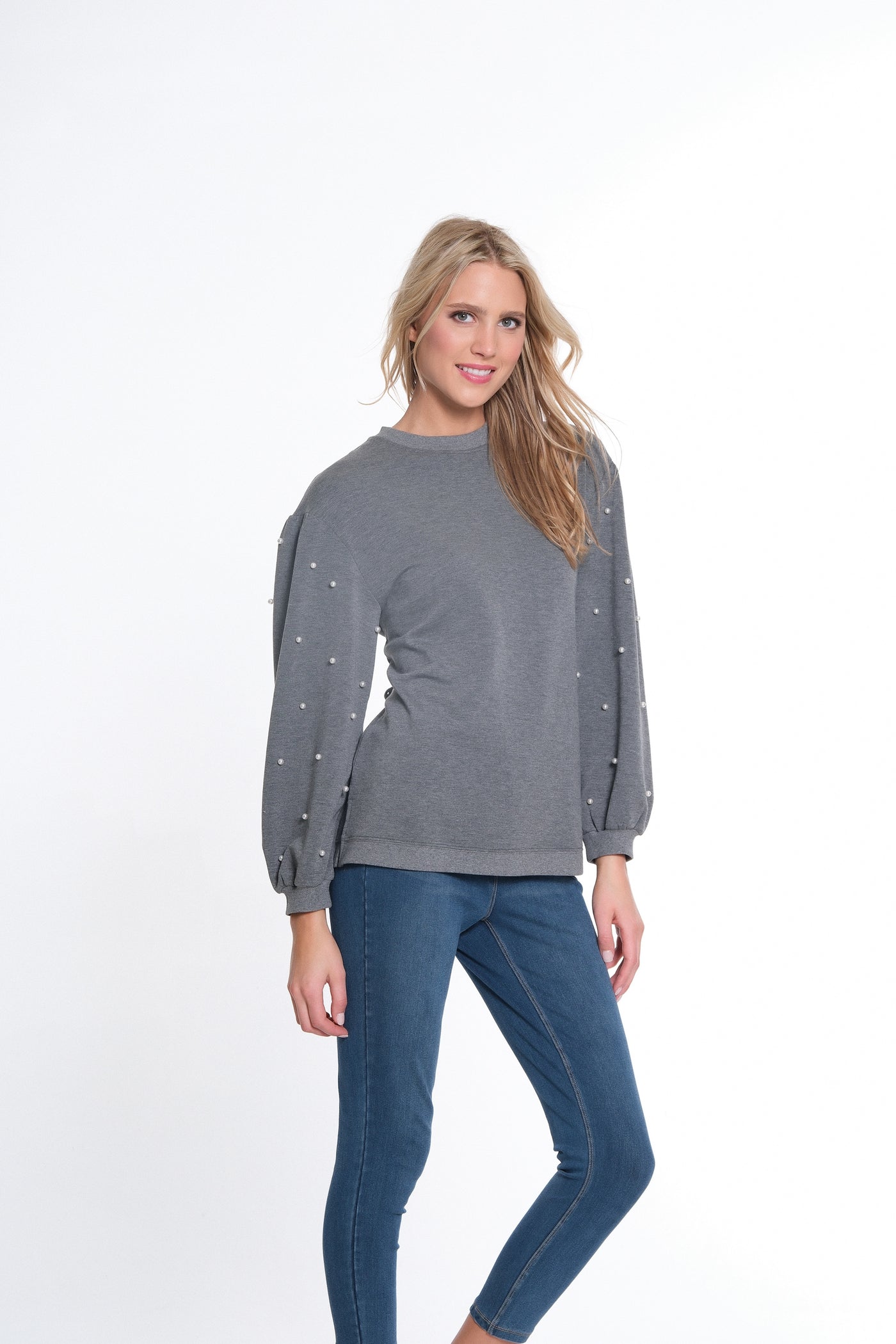 Cuffed Long Sleeve Crew Neck Top w/ Pearl Embellishment - Dark Platinum