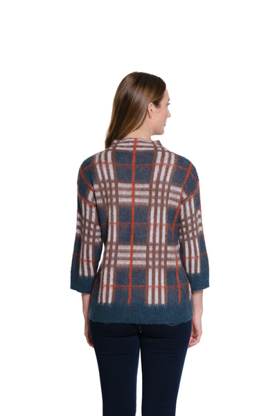 3/4 Sleeve Plaid Mock Neck Sweater - Rich Teal