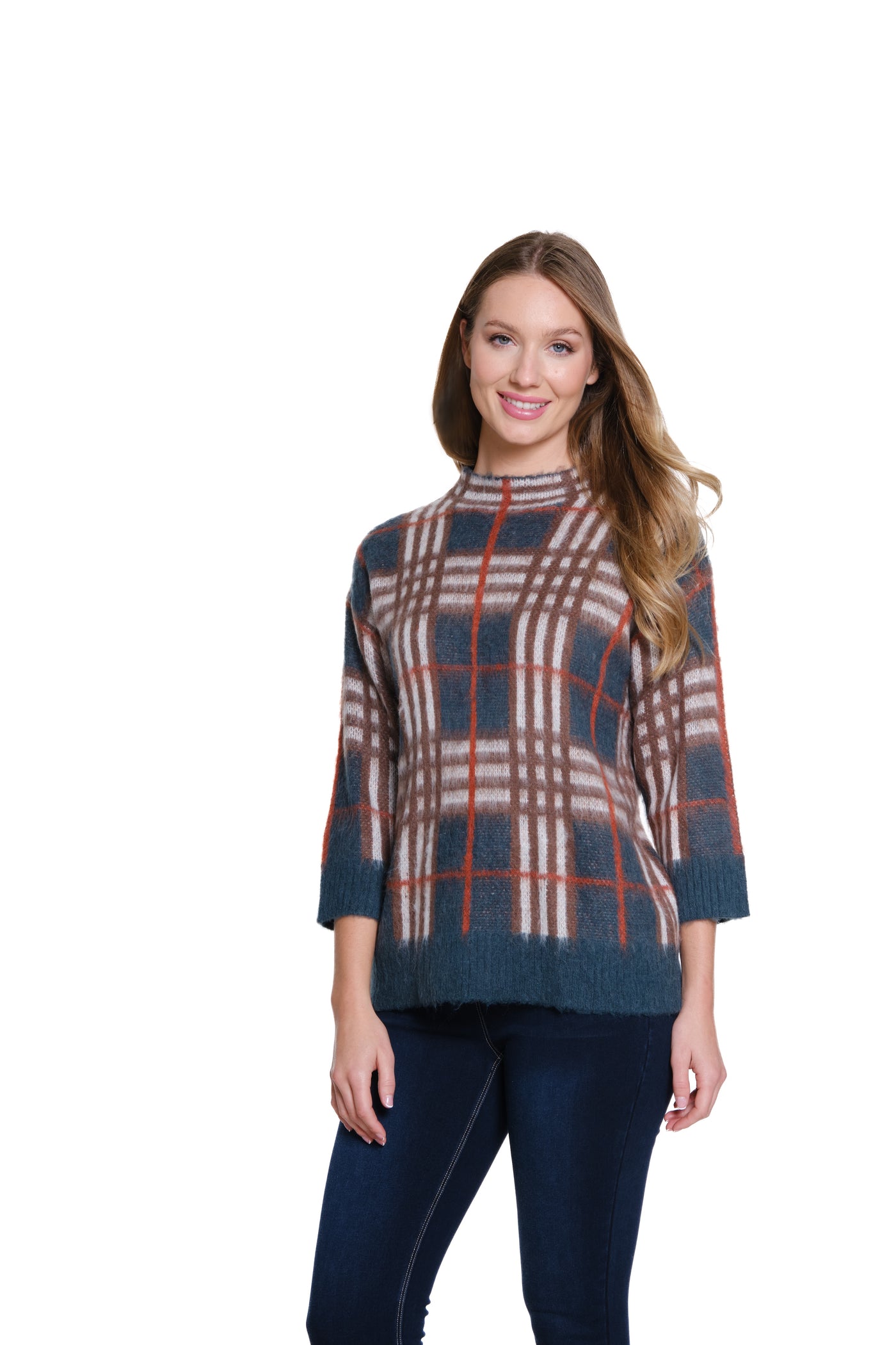 3/4 Sleeve Plaid Mock Neck Sweater - Rich Teal