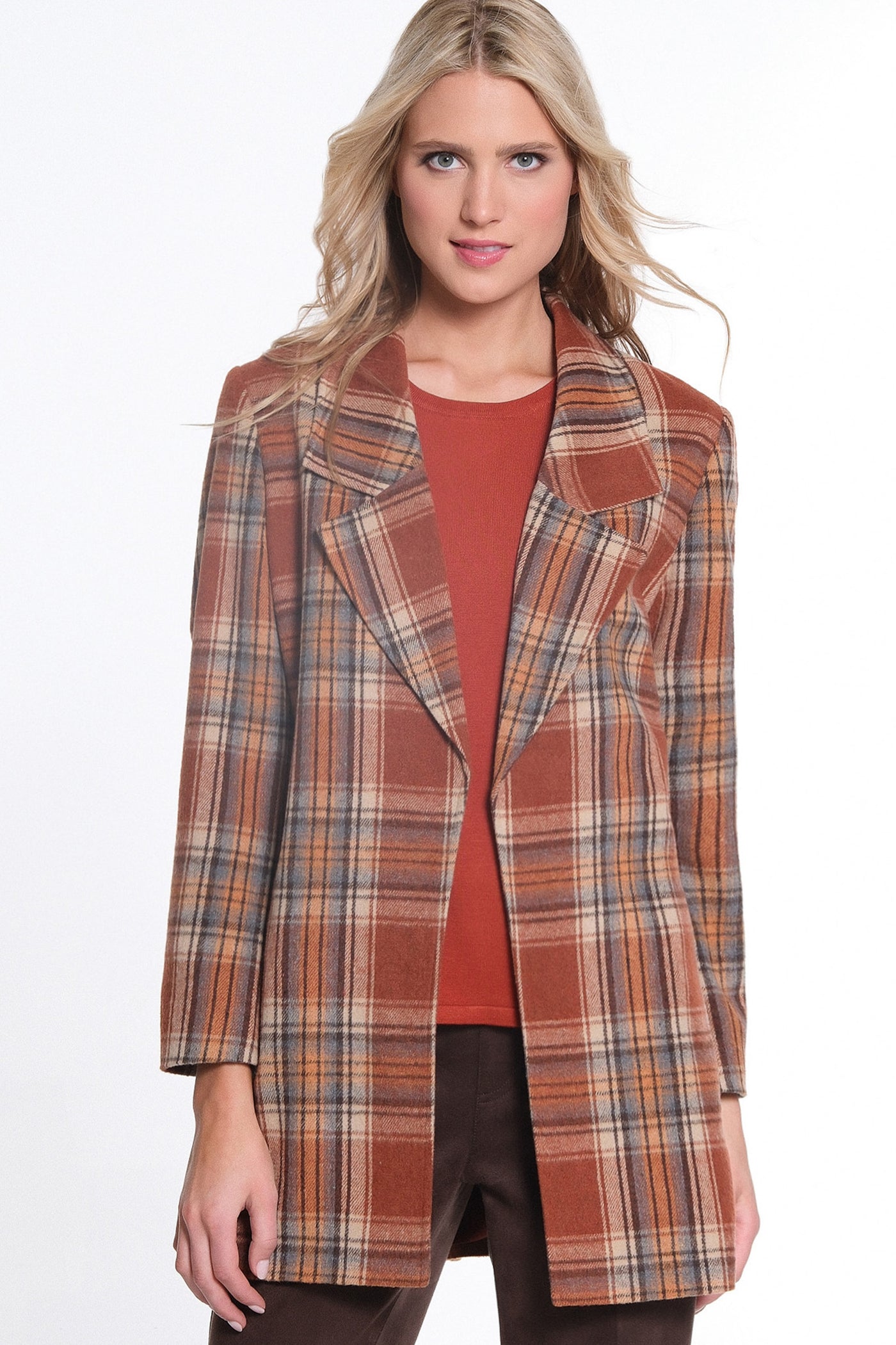 Long Sleeve Open Front Plaid Jacket - Women's - Multi