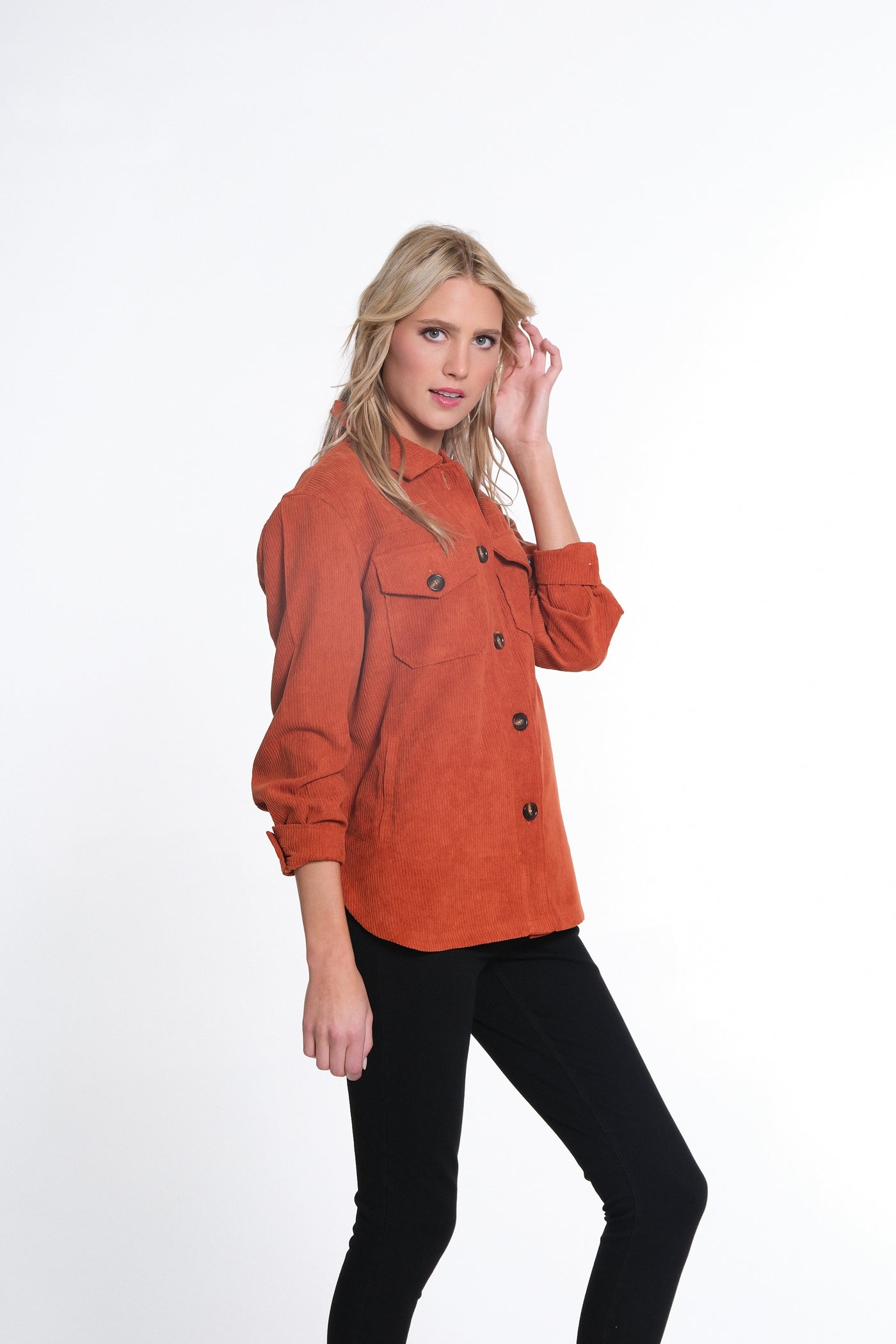 Cuffed Sleeve Solid Cord Shirt - Cinnamon