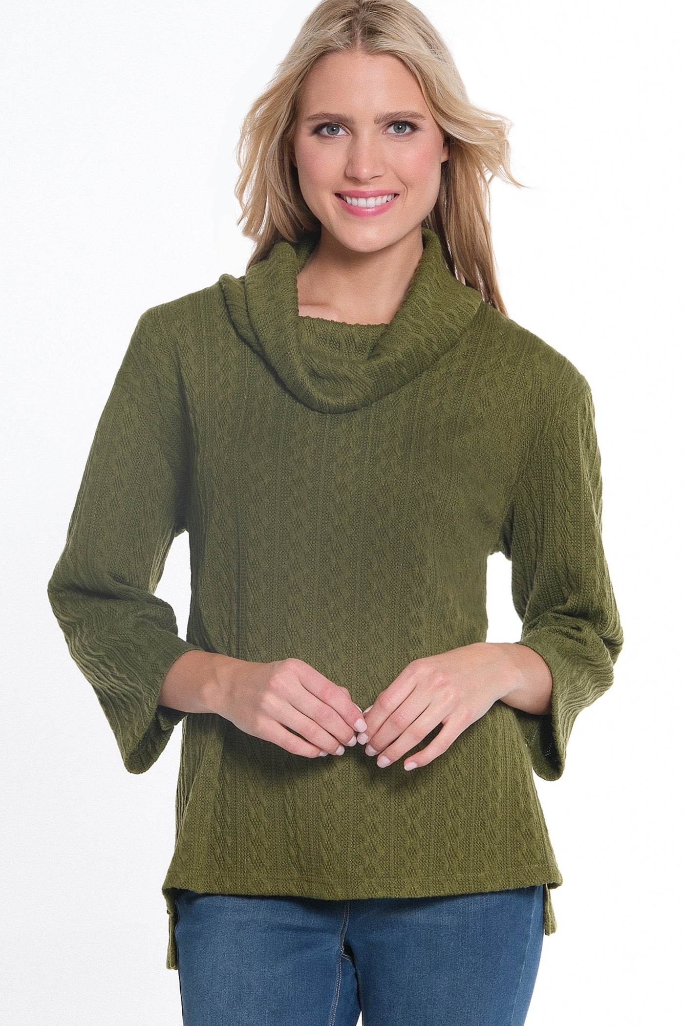 Hi-Lo Cowl Collar Cable Knit Top - Basil