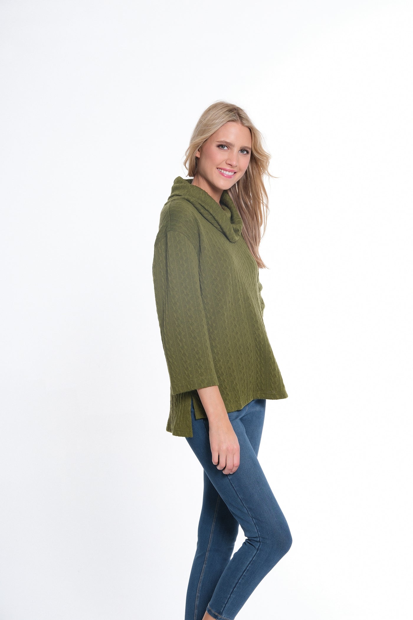 Hi-Lo Cowl Collar Cable Knit Top - Basil