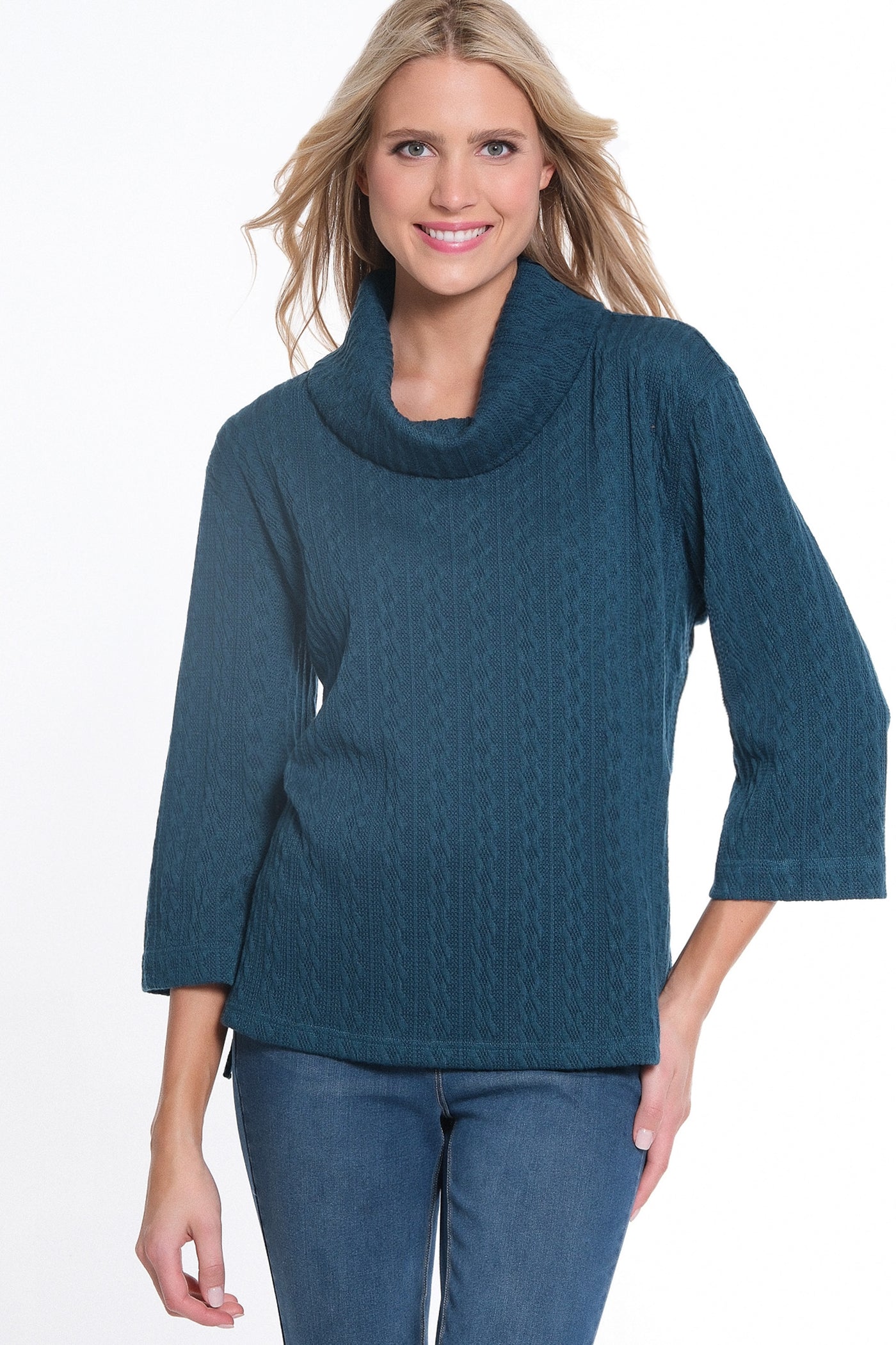 Hi-Lo Cowl Collar Cable Knit Top - Rich Teal