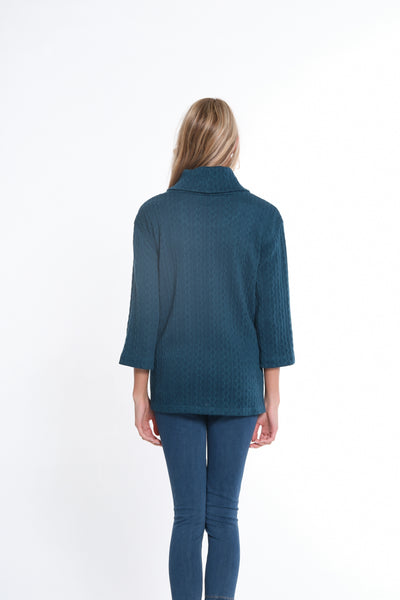 Hi-Lo Cowl Collar Cable Knit Top - Rich Teal