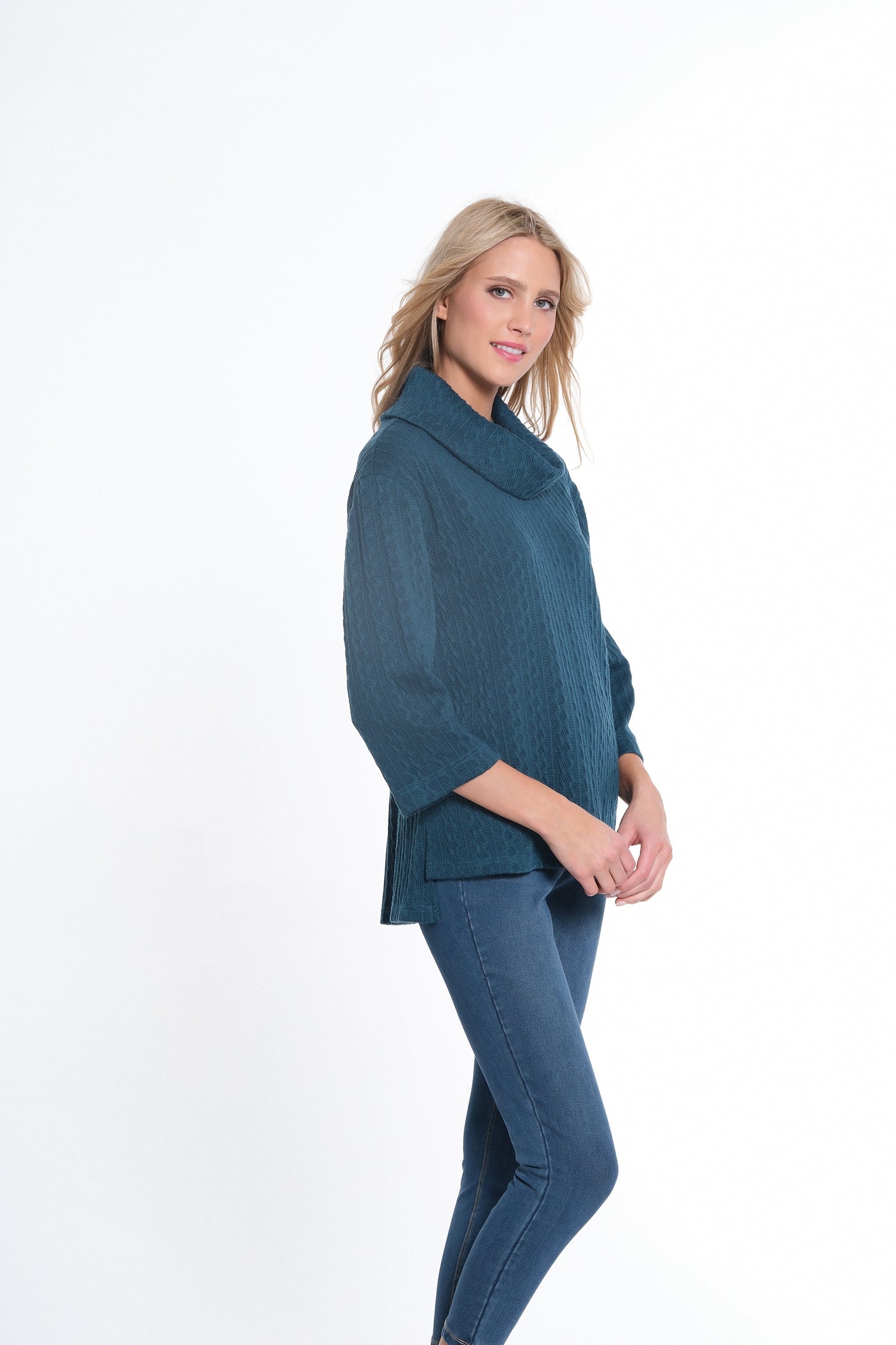 Hi-Lo Cowl Collar Cable Knit Top - Women's - Rich Teal