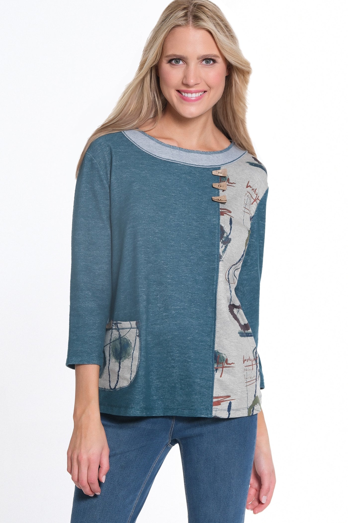 3/4 Sleeve Printed Brushed Knit Top - Women's - Rich Teal