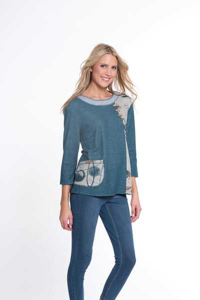 3/4 Sleeve Printed Brushed Knit Top - Rich Teal