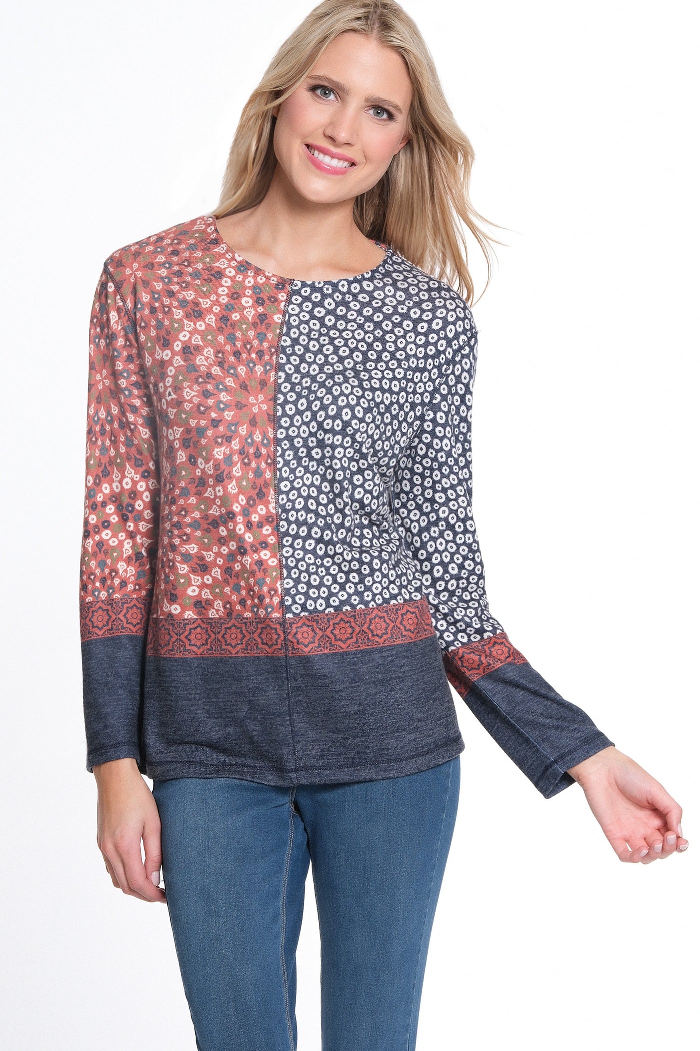 Long Sleeve Print Hatchi Knit Top - Multi