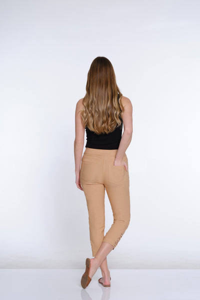 Twill Crop Pant with Zig-Zag Strap Hem - Camel