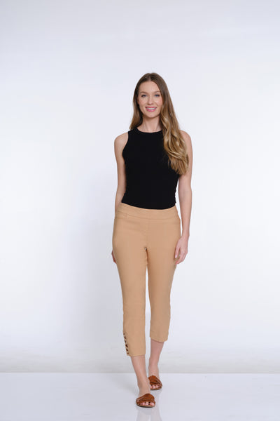 Twill Crop Pant with Zig-Zag Strap Hem - Camel