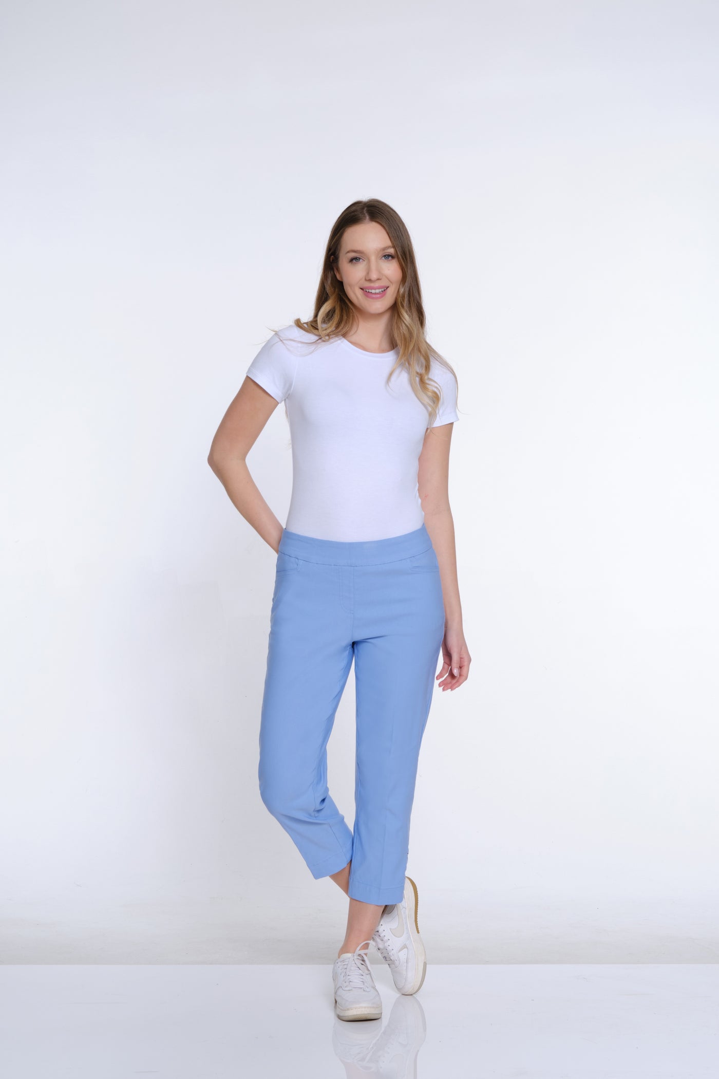 Twill Crop Pant with Zig-Zag Strap Hem - Cornflower