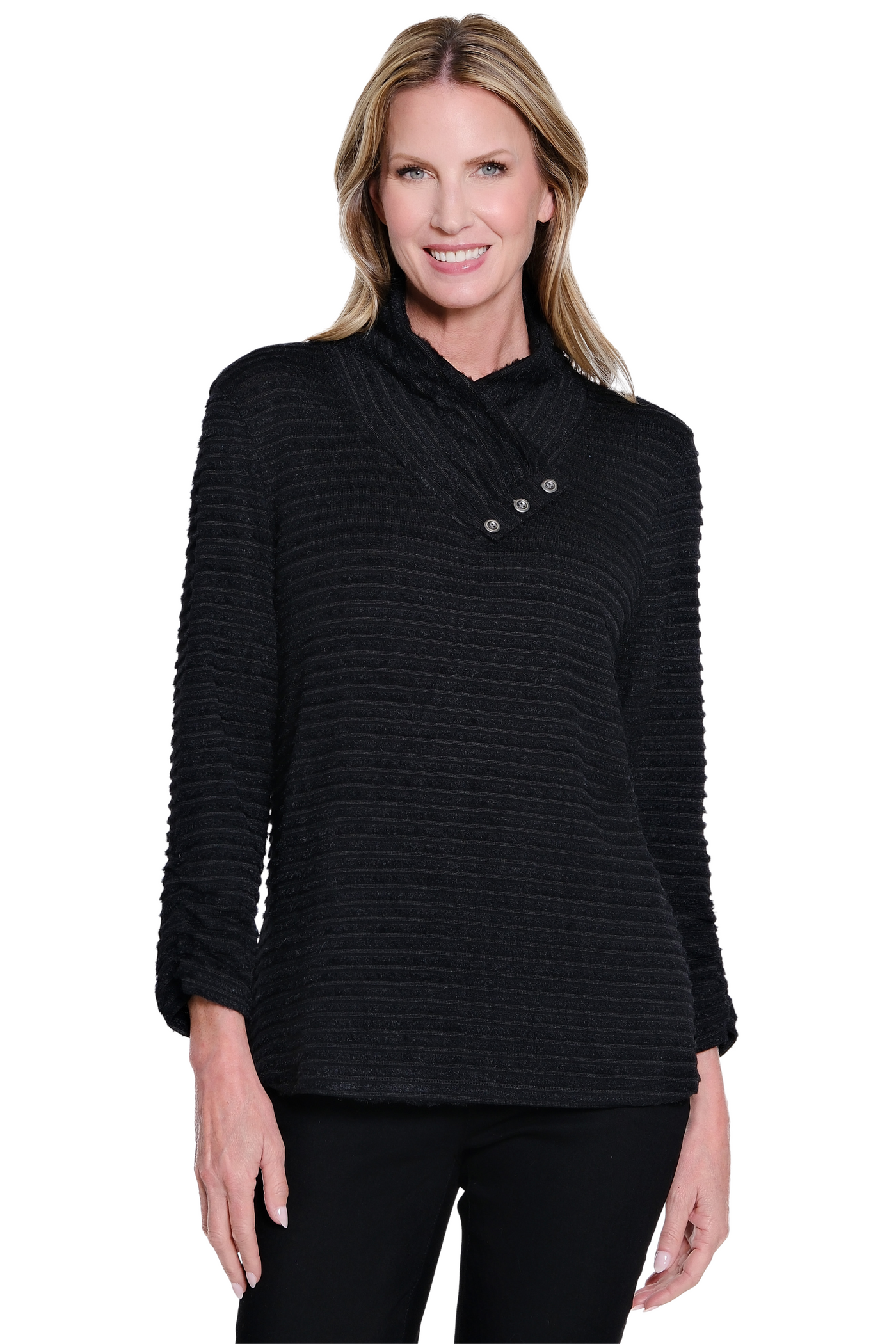 Shirred Collar Rib Knit Top - Black