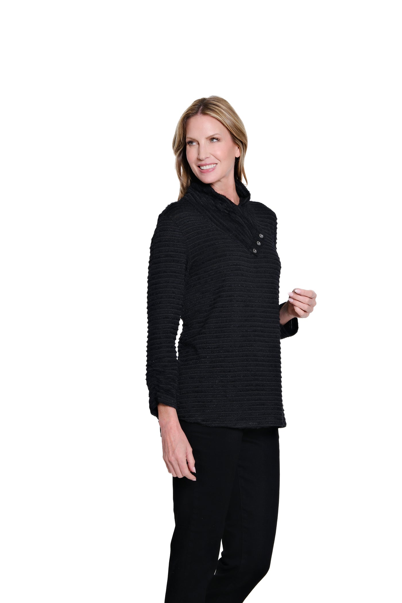 Shirred Collar Rib Knit Top - Black