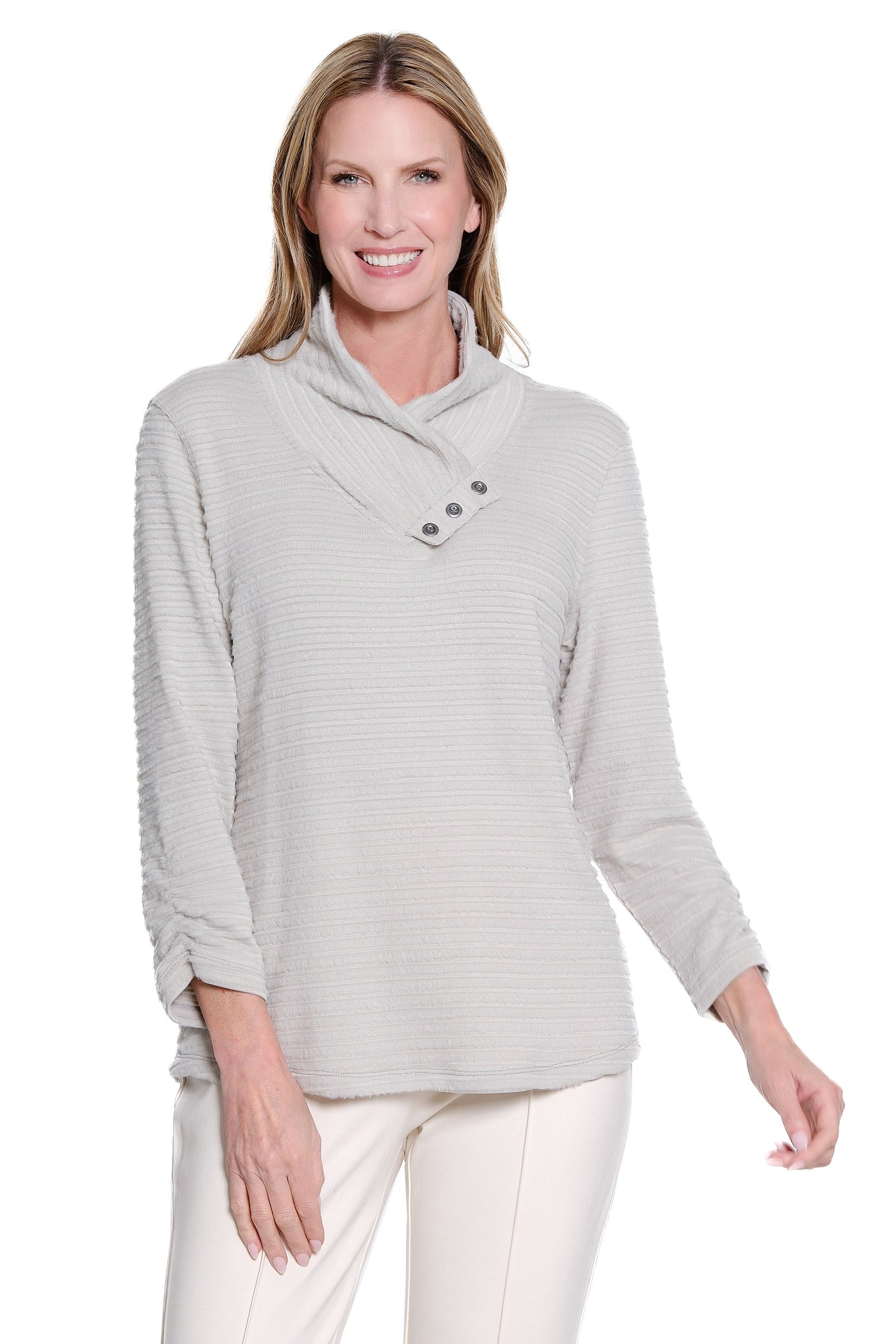 Shirred Collar Rib Knit Top - Grey