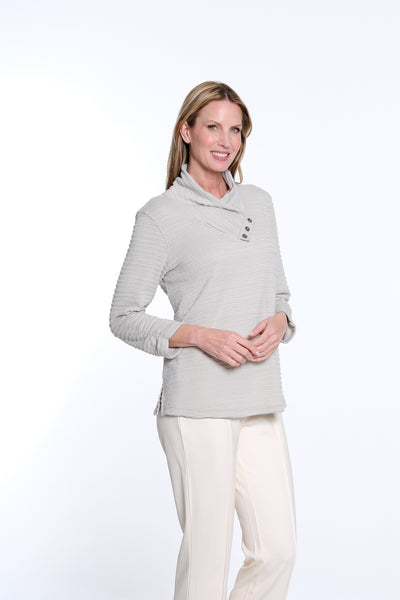 Shirred Collar Rib Knit Top - Grey