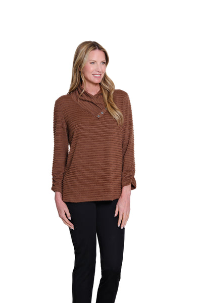 Shirred Collar Rib Knit Top - Rich Chocolate