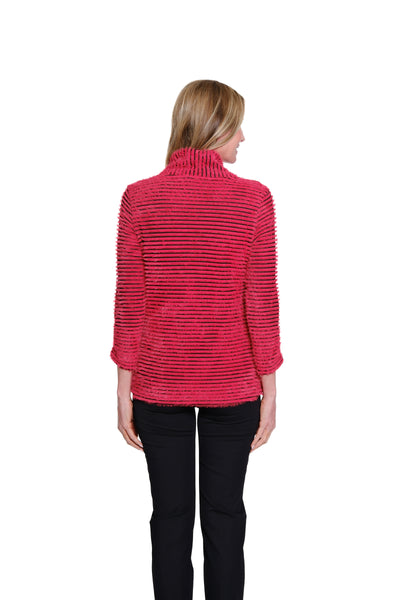 Shirred Collar Rib Knit Top - Red Stripe