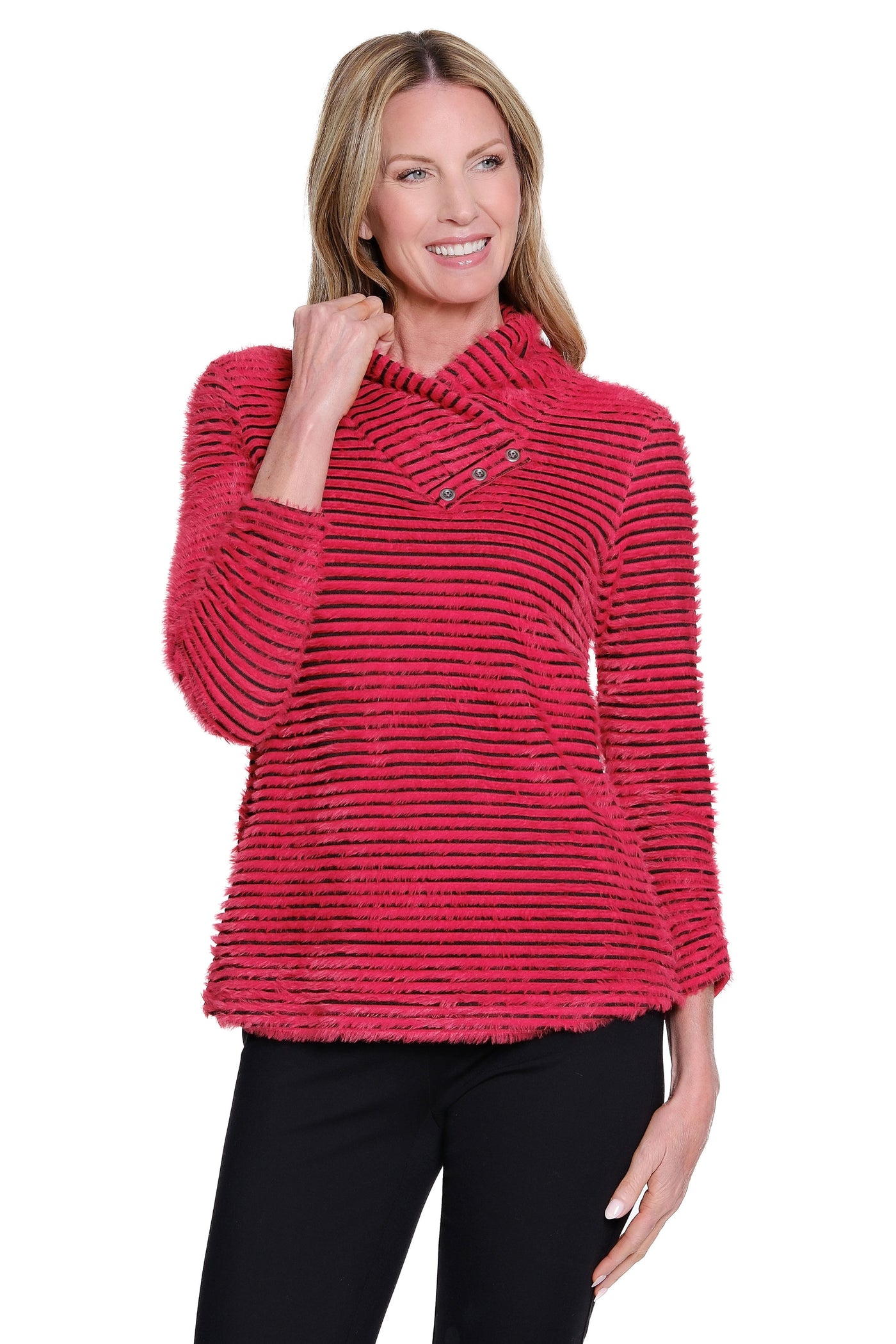 Shirred Collar Rib Knit Top - Red Stripe