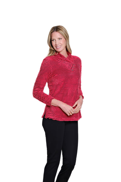 Shirred Collar Rib Knit Top - Red Stripe