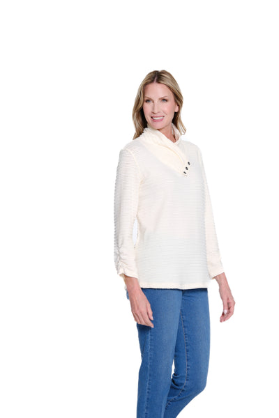 Shirred Collar Rib Knit Top - Winter White