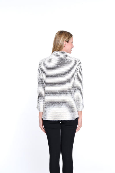 Shirred Collar Rib Knit Top - Winter White Stripe