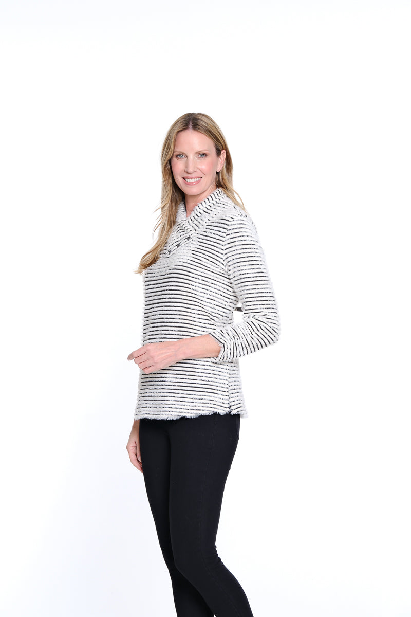 Shirred Collar Rib Knit Top - Winter White Stripe