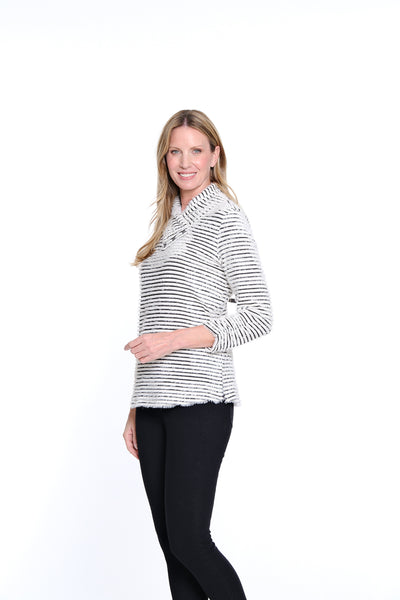 Shirred Collar Rib Knit Top - Winter White Stripe