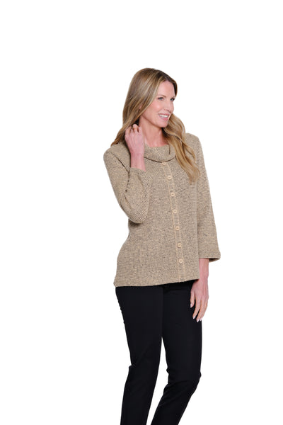 Cowl Collar Button Front Knit Top - Buff