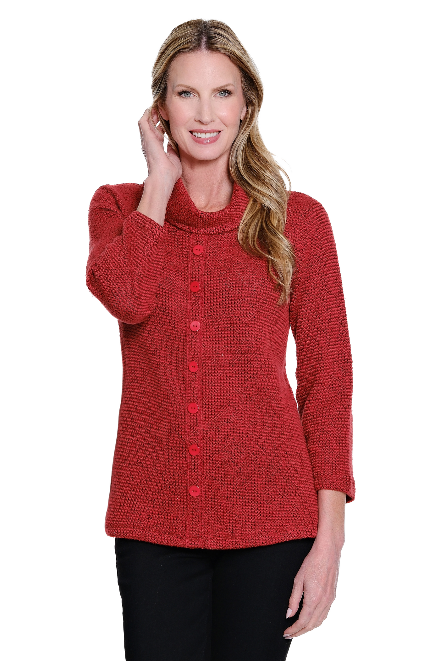 Cowl Collar Button Front Knit Top - Crimson