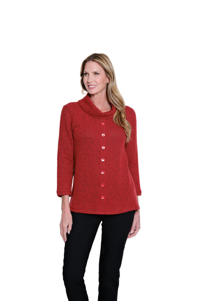 Cowl Collar Button Front Knit Top - Crimson