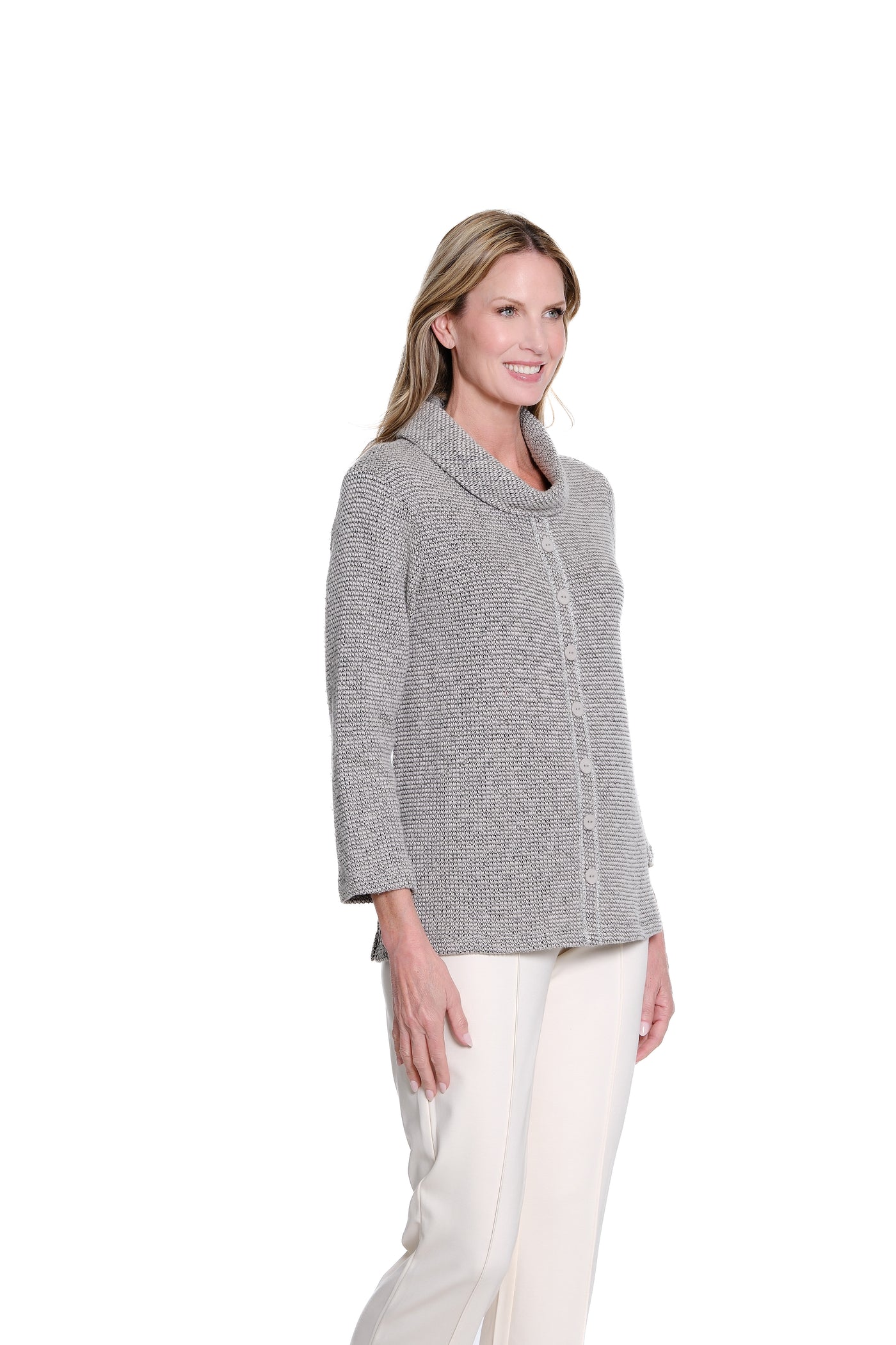 Cowl Collar Button Front Knit Top - Grey