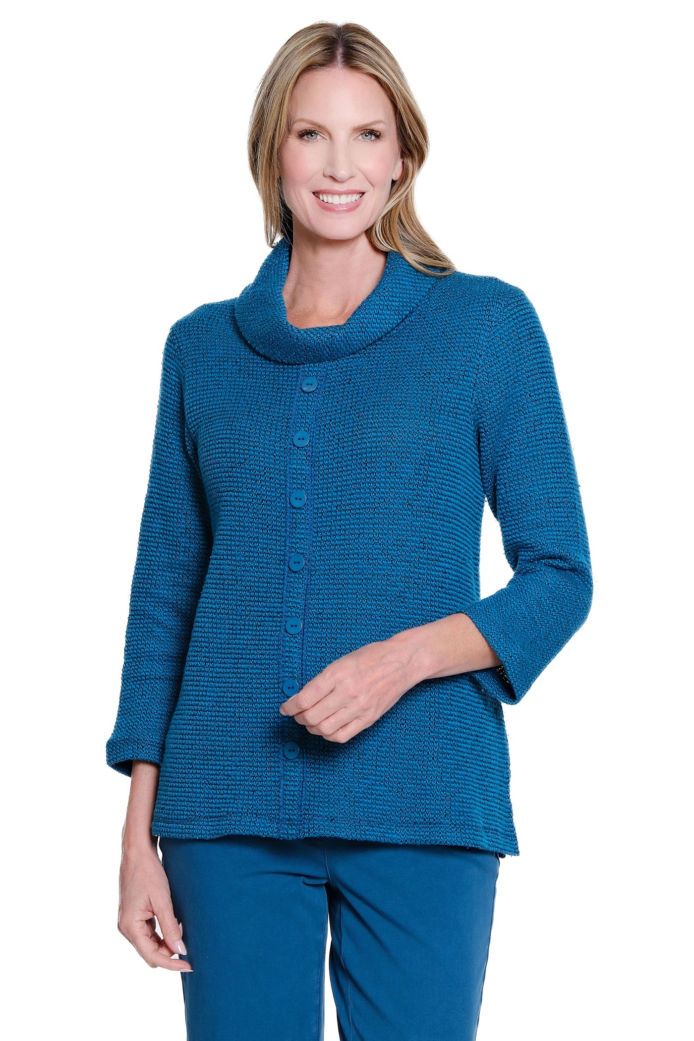 Cowl Collar Button Front Knit Top - Peacock