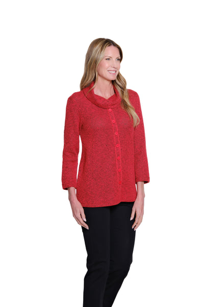 Cowl Collar Button Front Knit Top - Red