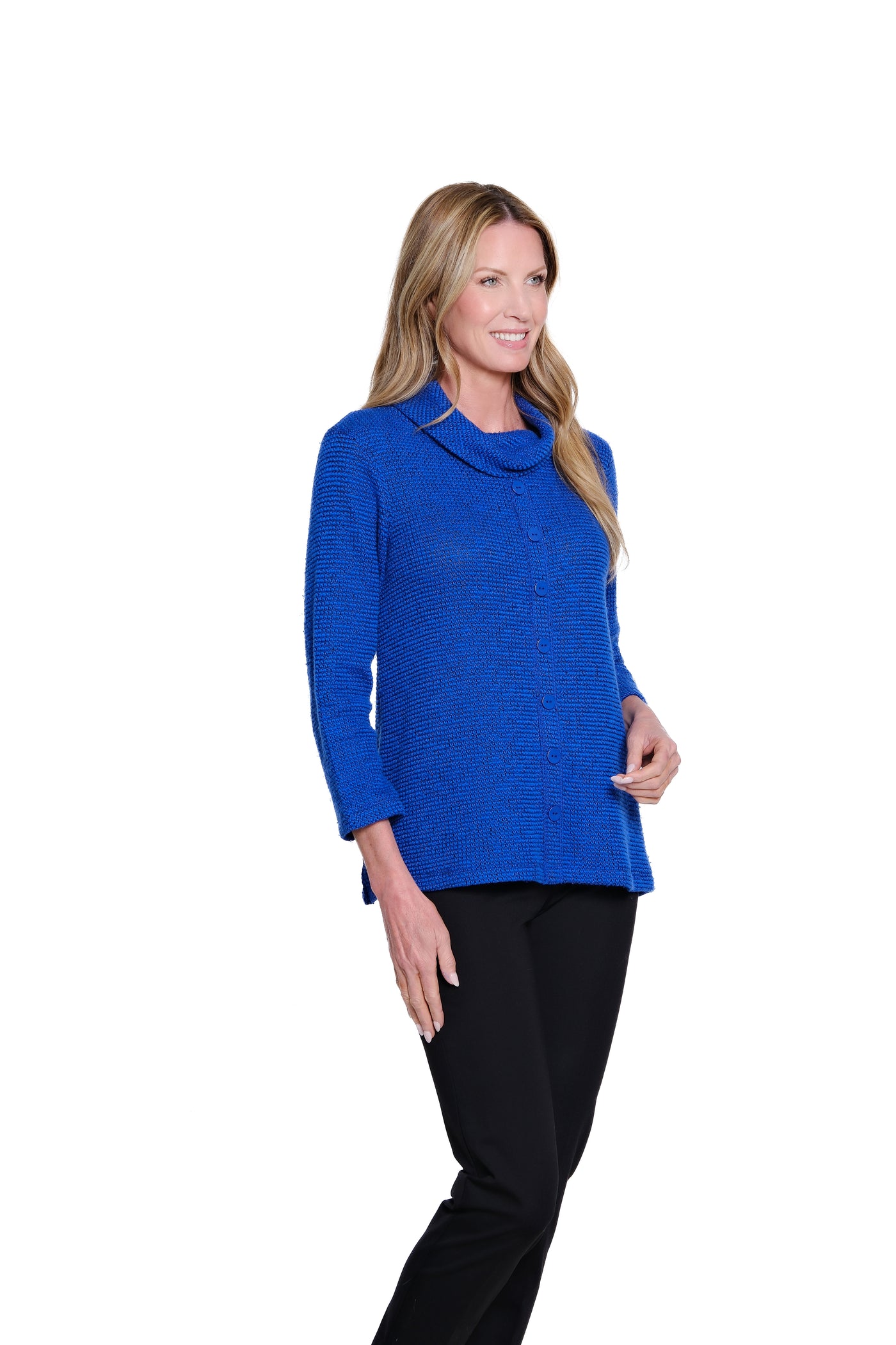 Cowl Collar Button Front Knit Top - Royal