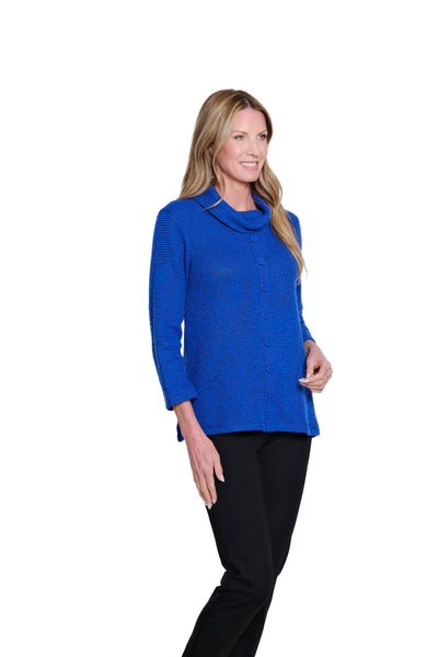 Cowl Collar Button Front Knit Top - Royal