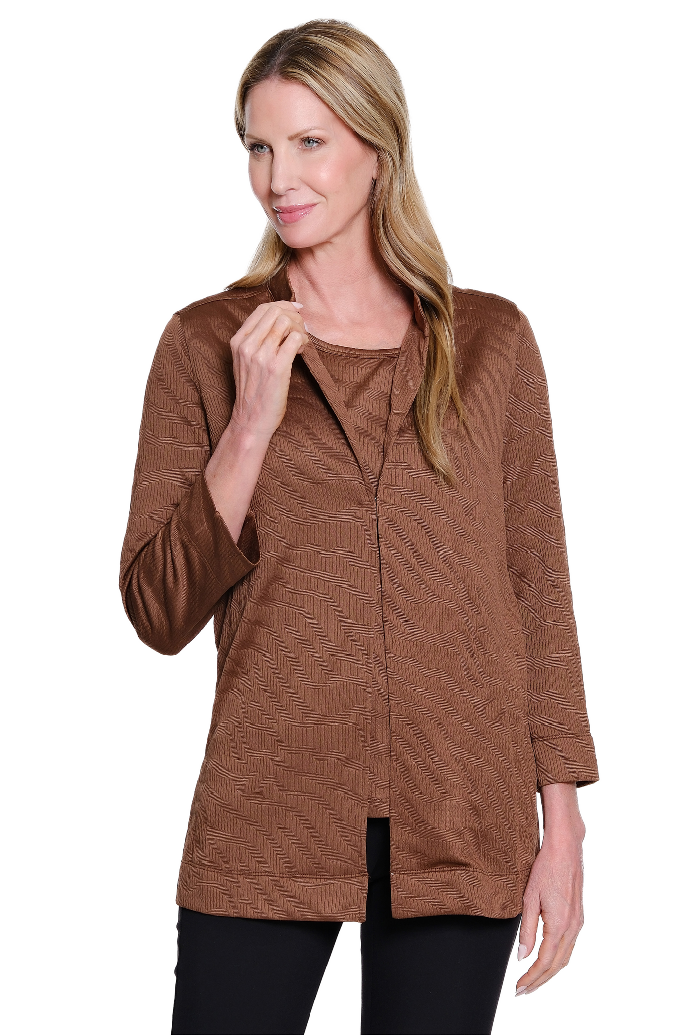 Jacquard Knit Jacket & Tank Top - Plus - Rich Chocolate