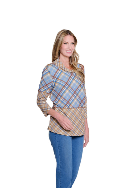 Turtleneck Plaid Knit Top - Multi