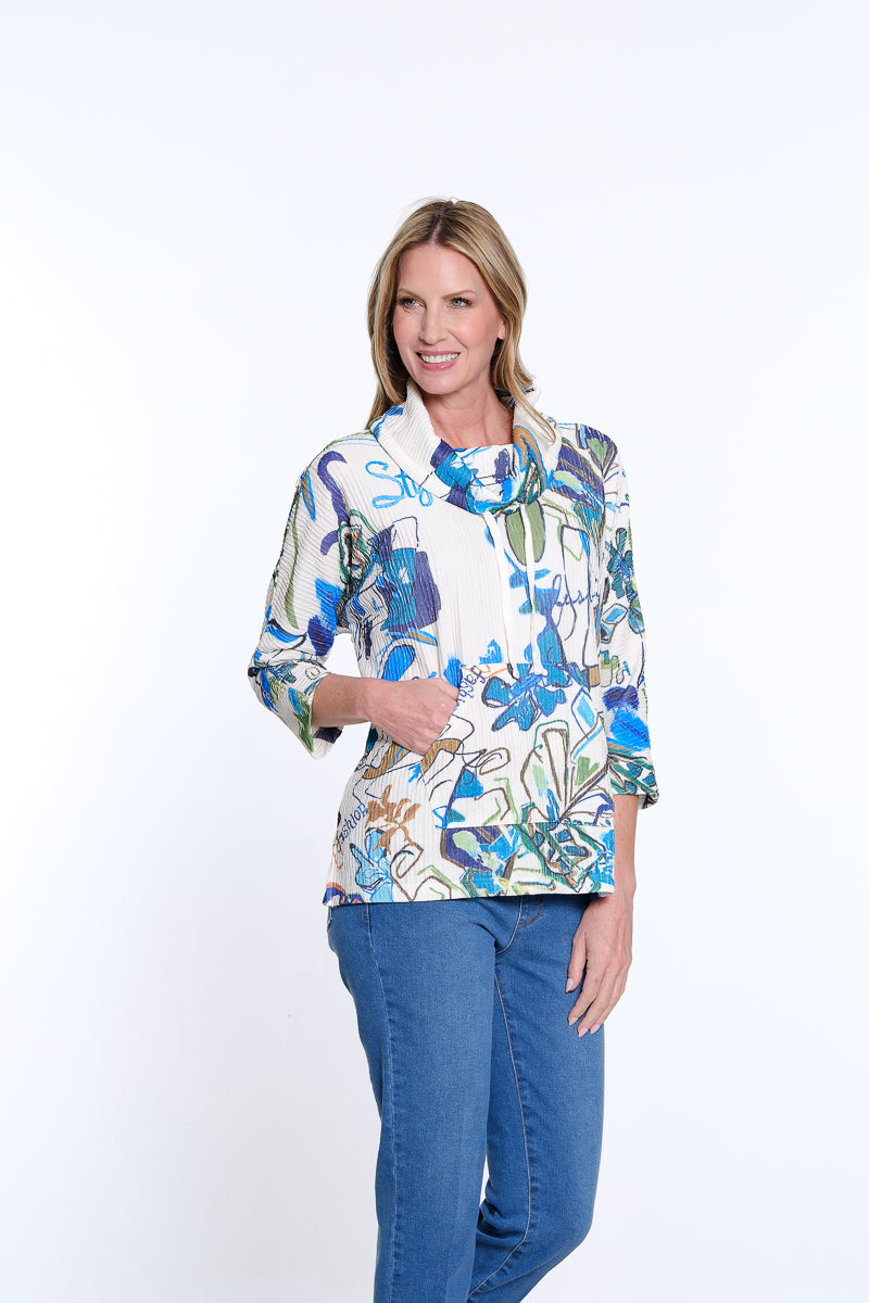 Drawstring Cowl Neck Print Top - Plus - Multi