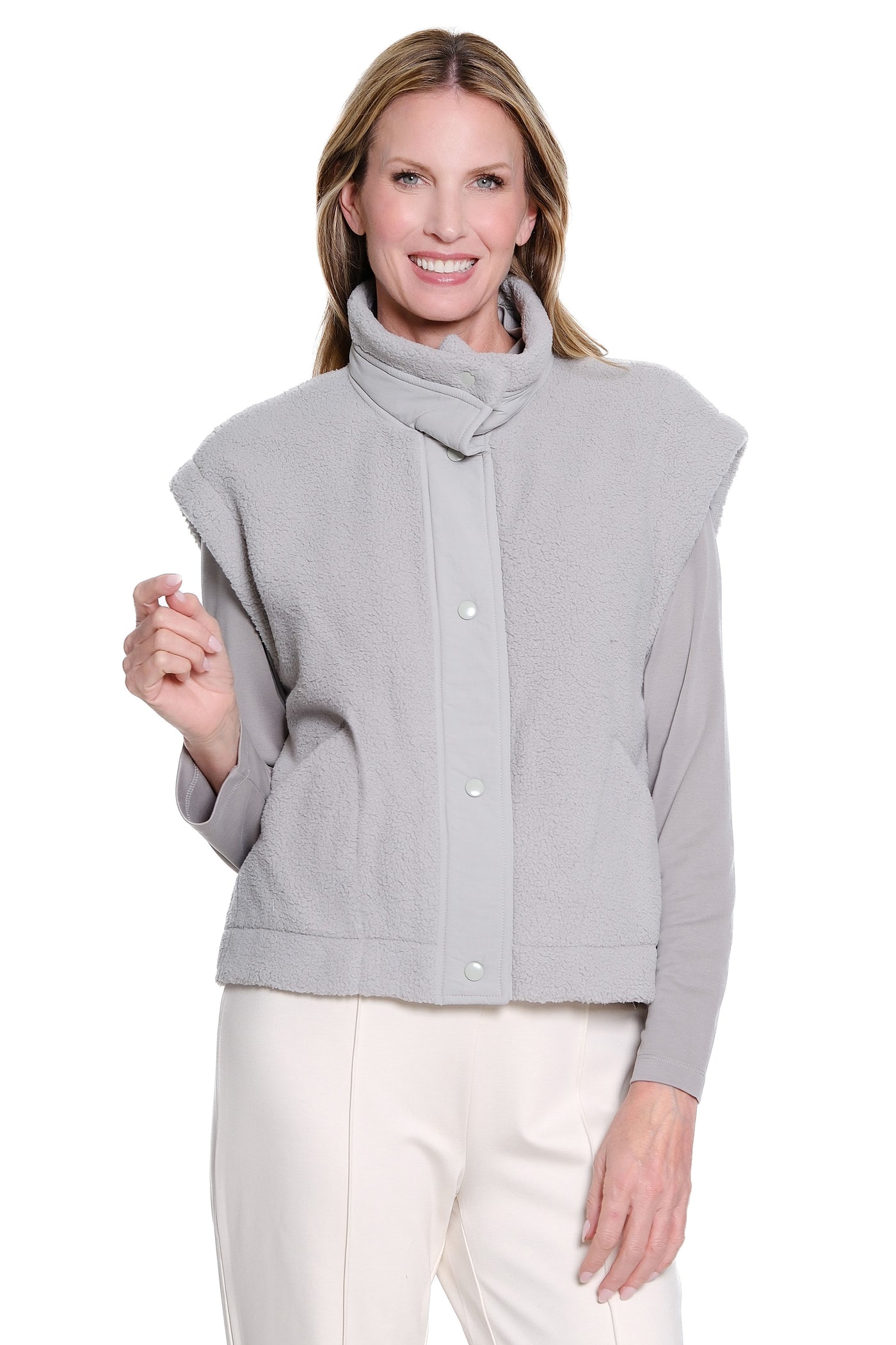 Cozy Faux Fur Snap-Front Vest - Frost Grey