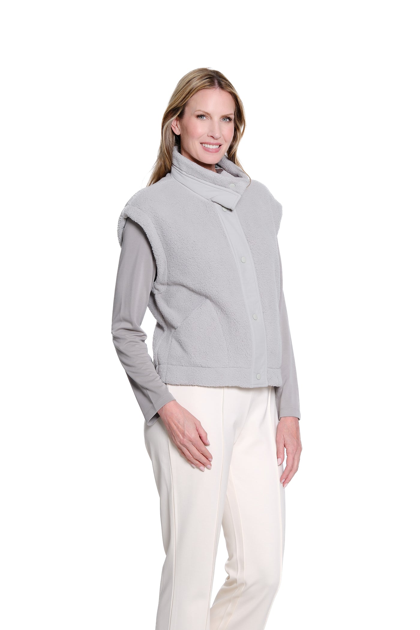 Cozy Faux Fur Snap-Front Vest - Frost Grey