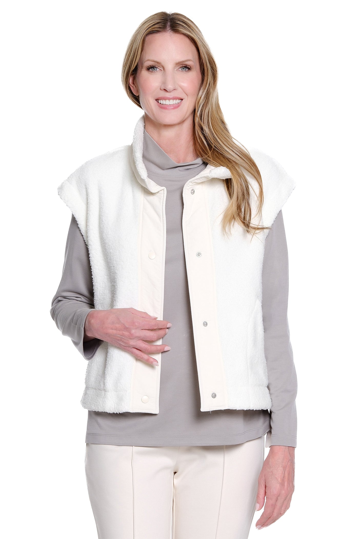 Cozy Faux Fur Snap-Front Vest - Winter White