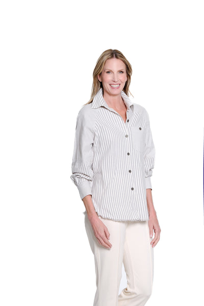 Stripe Cuffed Raglan Flannel Shirt - Frost Grey