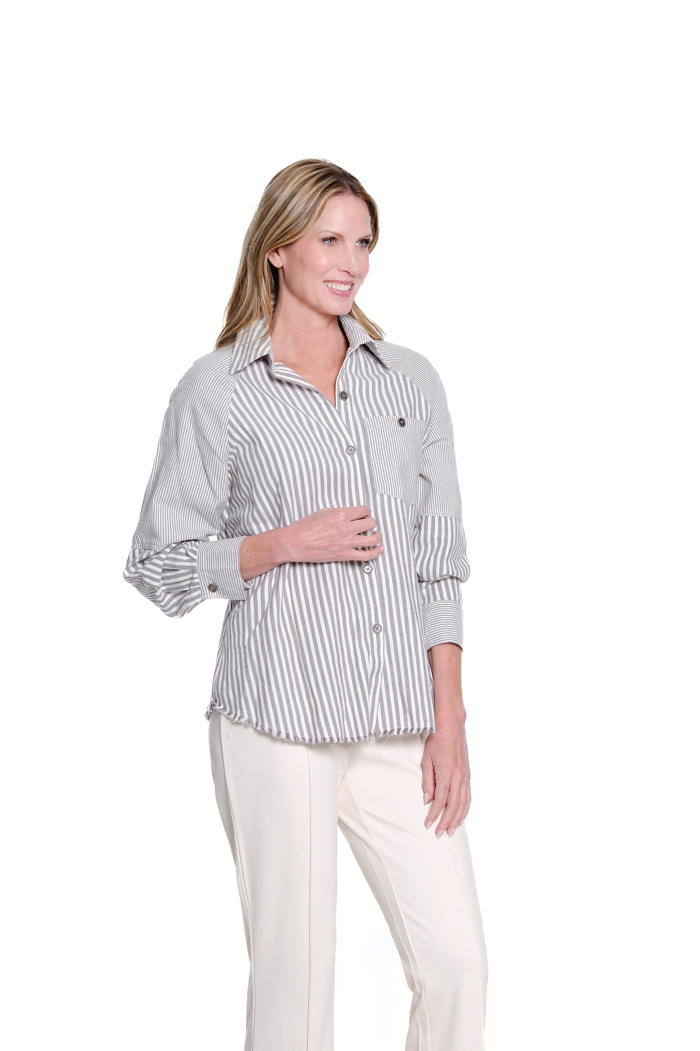 Stripe Cuffed Raglan Flannel Shirt - Plus - Granite