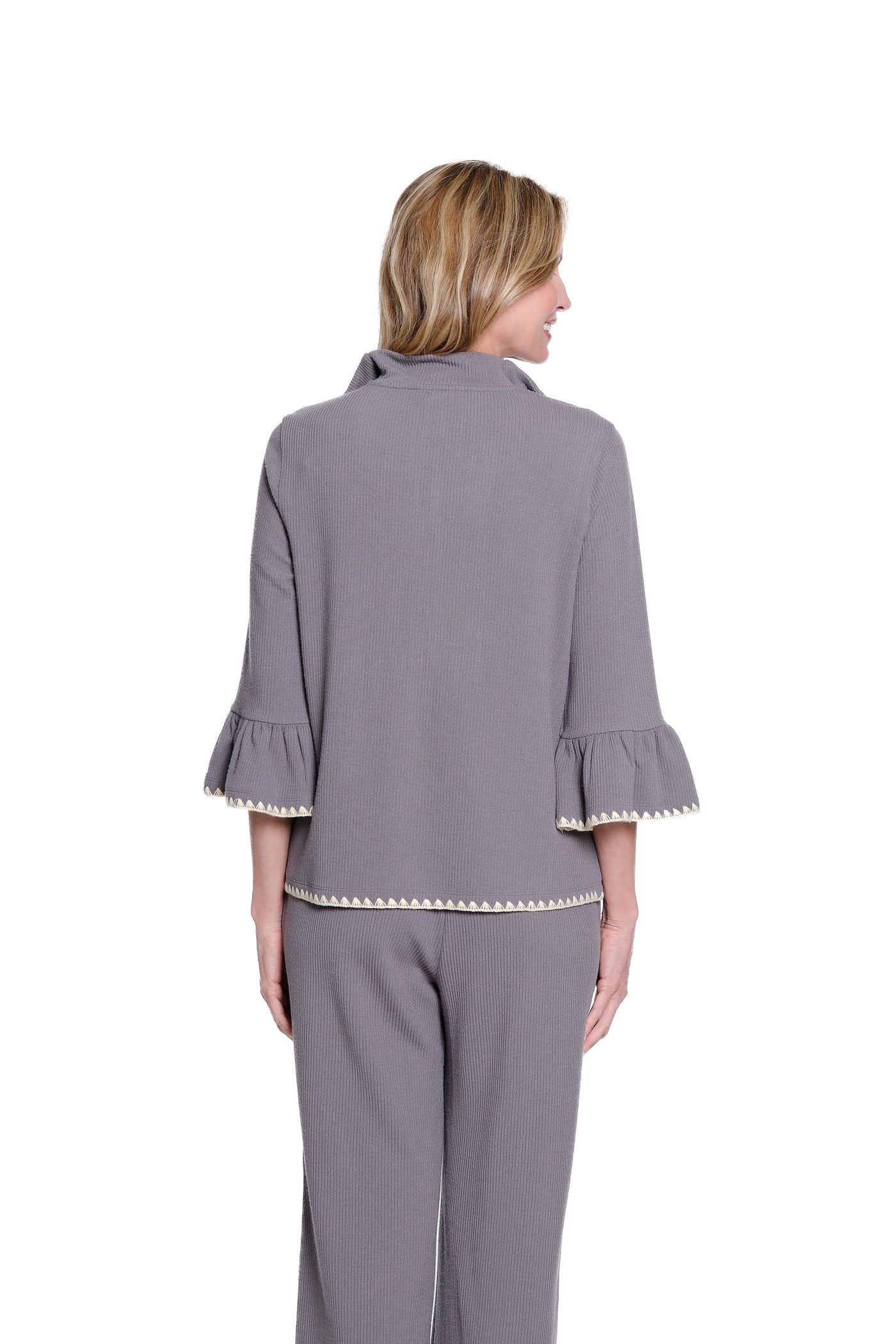 Ribbed Funnel-Neck Zip Top with Flounce Sleeves - Granite