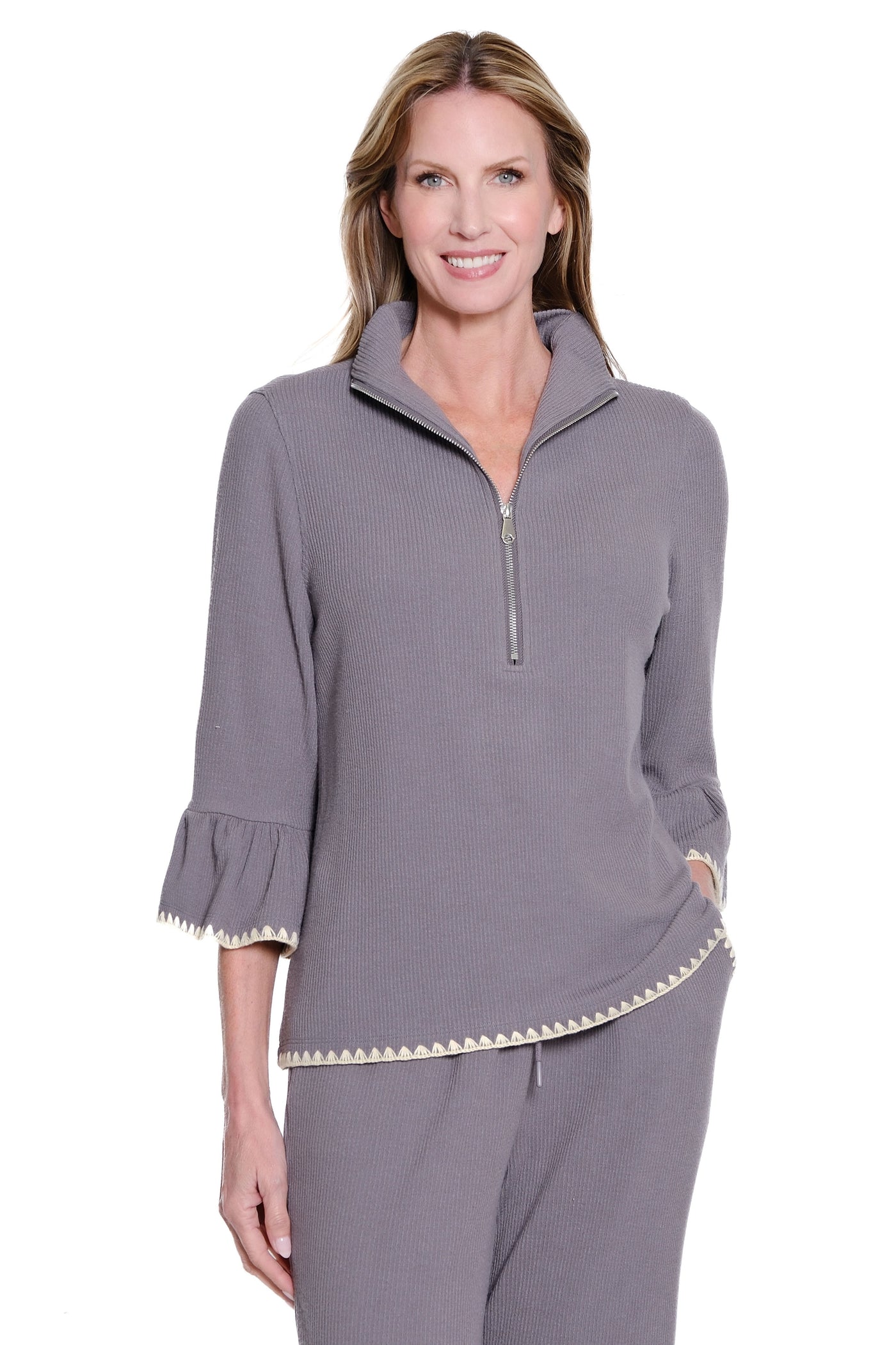 Ribbed Funnel-Neck Zip Top with Flounce Sleeves - Granite