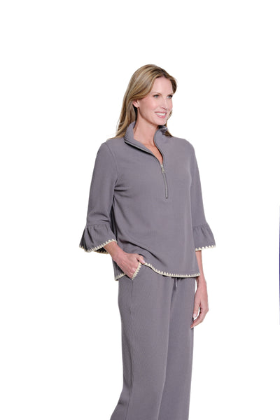 Ribbed Funnel-Neck Zip Top with Flounce Sleeves - Granite