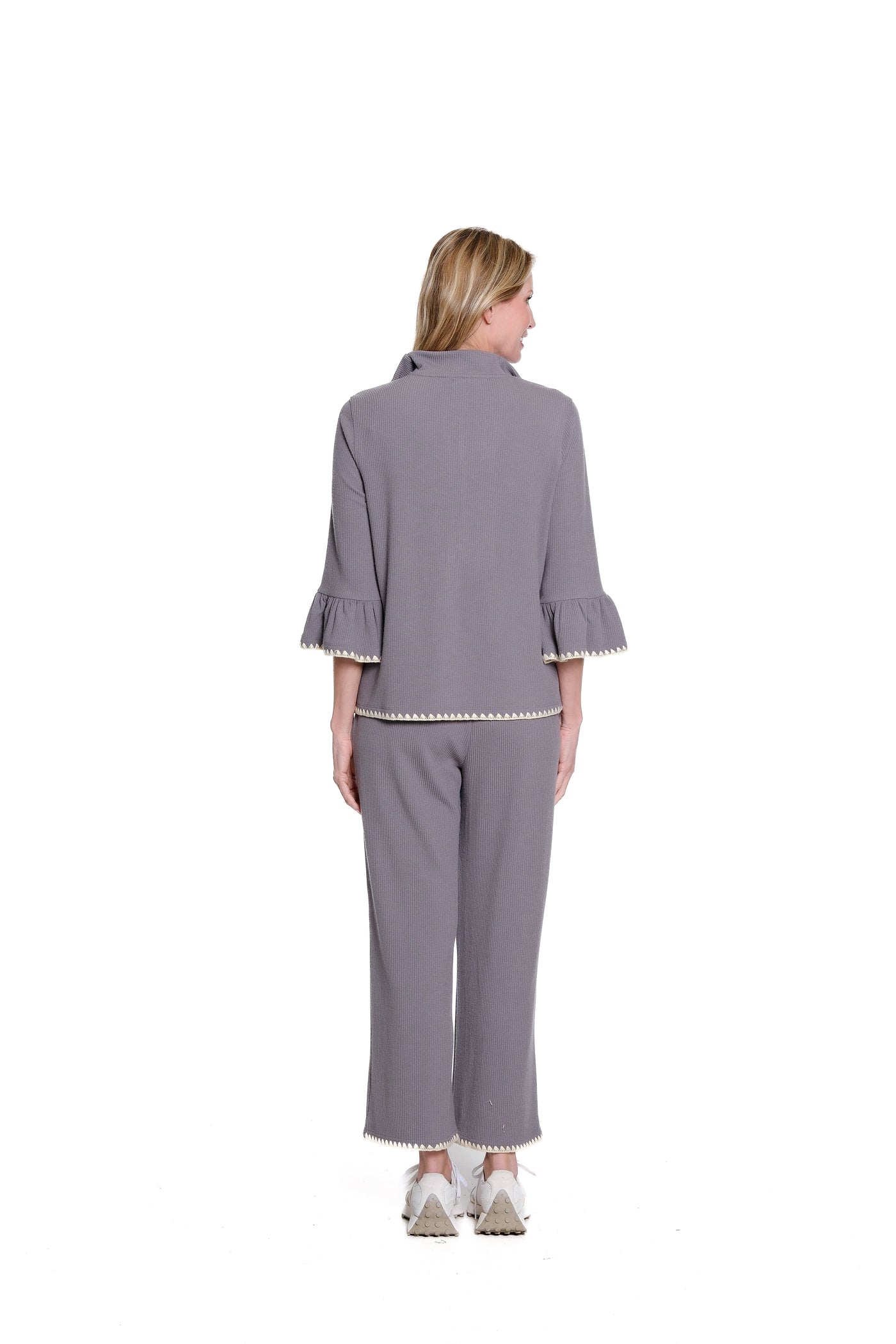 Ribbed Wide-Leg Drawstring Ankle Pants - Granite